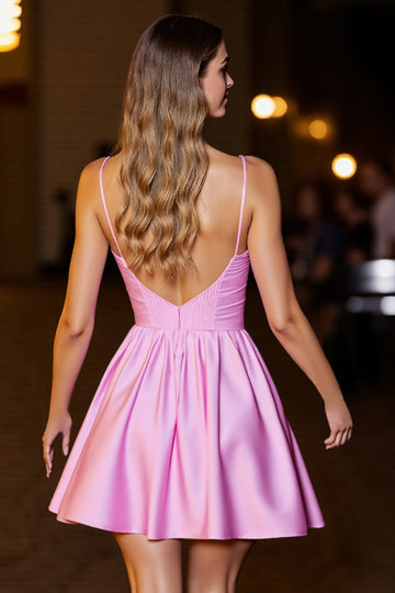 Pink Corset Deep V-Neck Satin Short Homecoming Dress